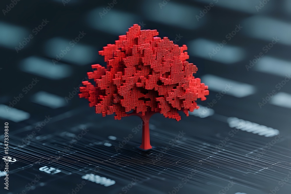 Poster red cubic tree growing from circuit board background, symbolizing digital transformation and technol