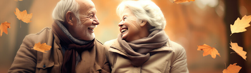 Loving couple in their golden years enjoying a walk among colorful trees

