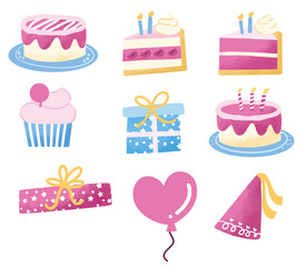 Birthday element clipart hand drawn illustration collection