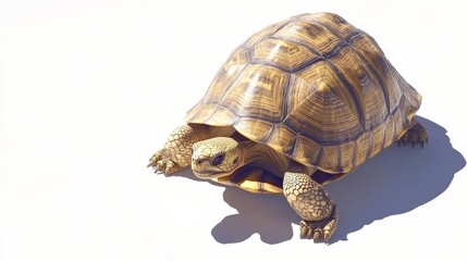 Obraz premium With a wise expression, a tortoise is slowly making its way across a sandy surface that is set against a white background