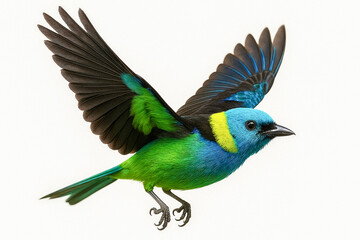 Obraz premium Vibrant Tropical Bird with Bright Blue and Green Feathers Flying with Wings Fully Spread.