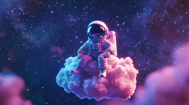 Little cartoon astronaut sitting on a cloud in space — a fabulous visual for themes of childhood, dreams and fantasy