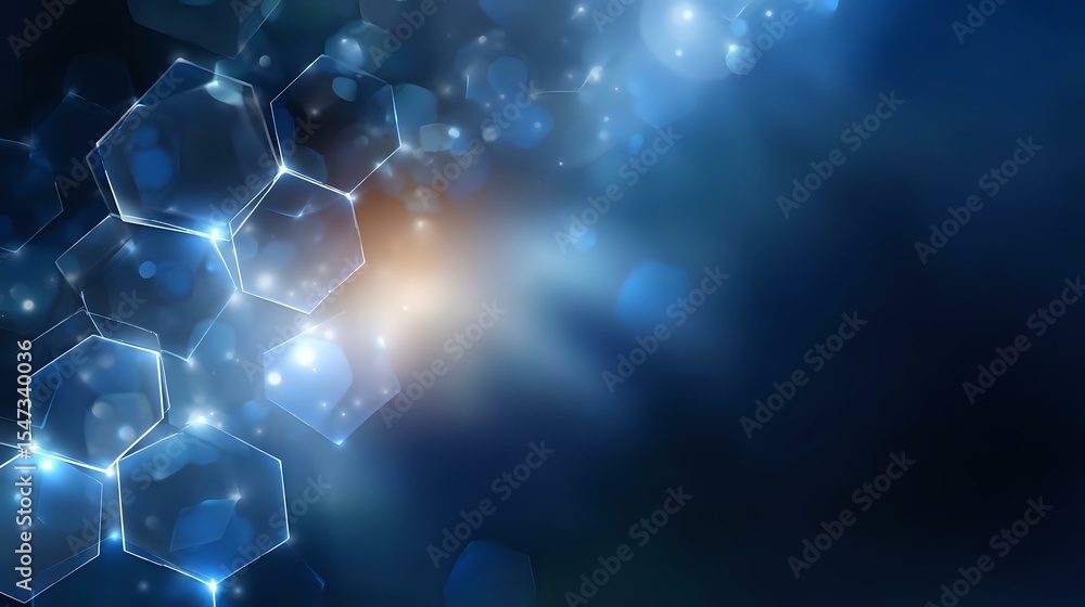 Aufkleber glowing hexagonal molecular structure on dark blue background with light effects and bokeh, scientif