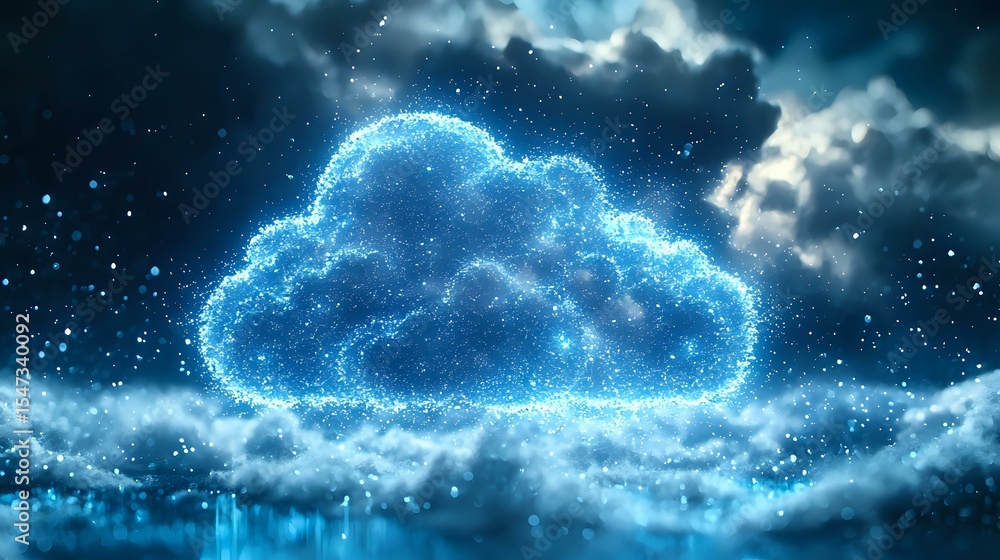 Poster glowing digital cloud shape floating in night sky with particles and network connections, representi