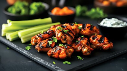 Grilled chicken wings in spicy barbecue sauce served on black slate plate with fresh celery sticks and ranch dipping sauce, garnished with chopped herbs.