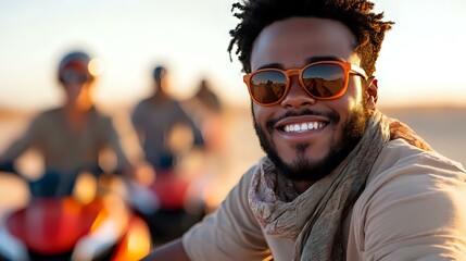 Young African American man with bright smile wearing sunglasses at sunset, friends with motorcycles blurred in background. Lifestyle portrait capturing joy and freedom.