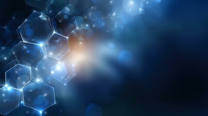 Glowing hexagonal molecular structure on dark blue background with light effects and bokeh, scientific concept for chemistry, biology and technology research.
