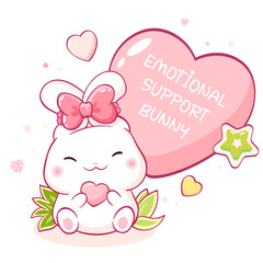 Emotional support bunny. Friendly little bunny with heart. Adorable kawaii pet. Trust, help, protection and emotional guidance concept. Vector poster for nursery, greeting card, print, kid t-shirt