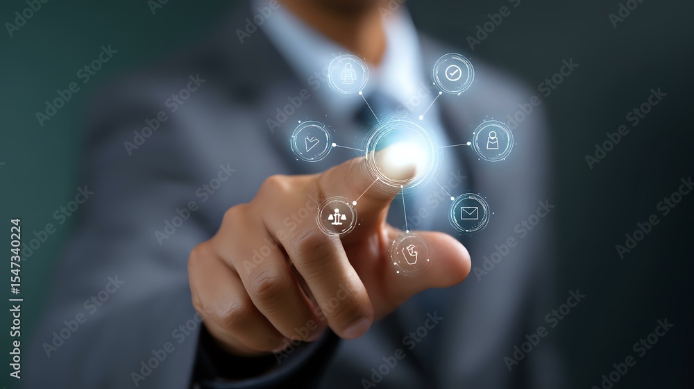 Poster professional in suit pointing at glowing digital interface with floating business icons, demonstrati