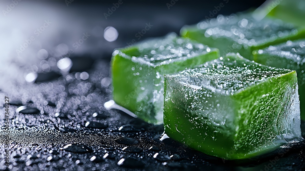 Poster frozen green ice cubes with frost and water drops on dark background, macro photography with selecti