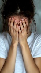 Young woman in white t-shirt covering face with hands expressing deep emotional distress, anxiety, shame or grief against blurred background. Conceptual mental health photo.