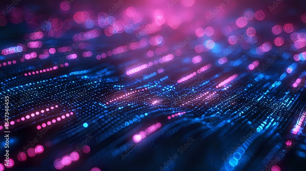 Poster glowing digital particles with pink and blue bokeh lights creating dynamic motion trails against dar