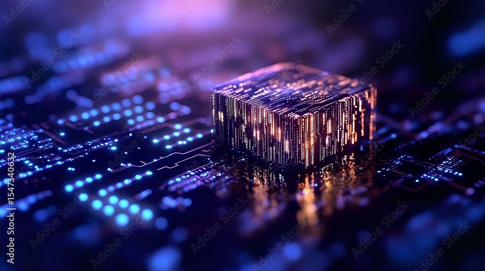 Poster glowing microchip on circuit board with futuristic lighting effects and depth of field. modern proce