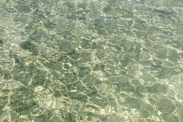 "Close-up of crystal clear shallow sea water with natural sunlight reflections creating abstract wave patterns â€“ perfect for backgrounds or nature concepts."