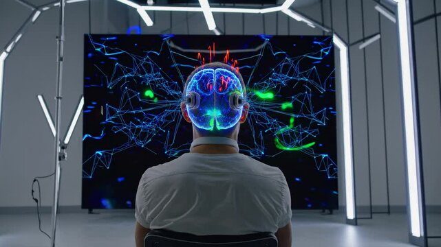 Man observing digital brain waves on large screen in modern lab, symbolizing brain-computer interface, neurotechnology, mental mapping, cognitive research