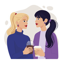 Coffee stories. Young girls meeting over a mug with hot coffee or tea, for conversation, vector illustration