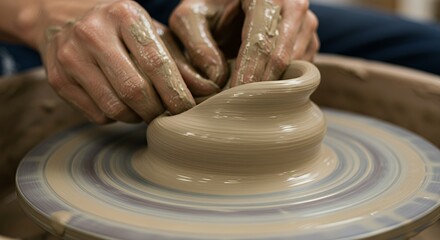 Potter's Hands Shaping Clay on a Spinning Wheel, Creating a Vessel