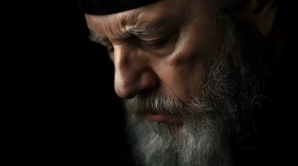 Obraz premium Dramatic side profile portrait of senior bearded man with intense gaze and weathered features against dark background, captured in moody low-key lighting.