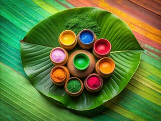 Holi Festival Colors: Vibrant Gulal Paints in Pots on Palm Leaf - Indian Holiday Celebration