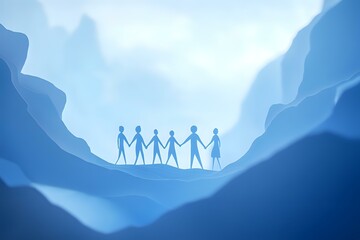 Paper cut silhouettes of people holding hands in unity against blue mountain background, symbolizing community, teamwork and connection in nature setting.