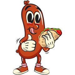 Cheerful sausage cartoon mascot carrying a taco while giving a thumbs up, fun meat snack character illustration, isolated high-quality vector perfect for branding and design use, work of hand drawn