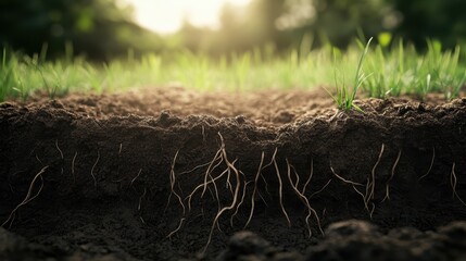 Soil and grass texture showing plant roots underground in natural landscape environment sunlight gardening agriculture growth earth healthy ecosystem.