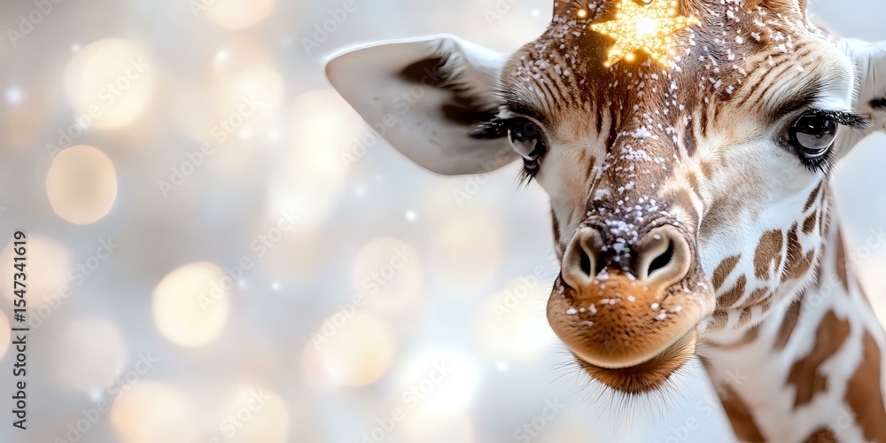 Poster close up portrait of young giraffe face with snow flakes and bokeh lights in background creating mag
