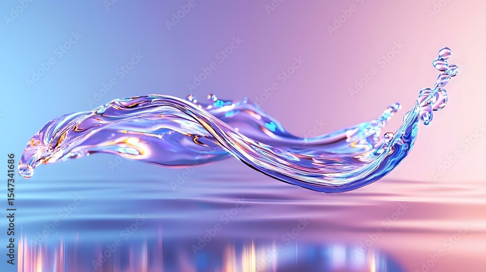 Poster dynamic water splash with flowing liquid wave in pink and blue gradient lighting, frozen motion capt