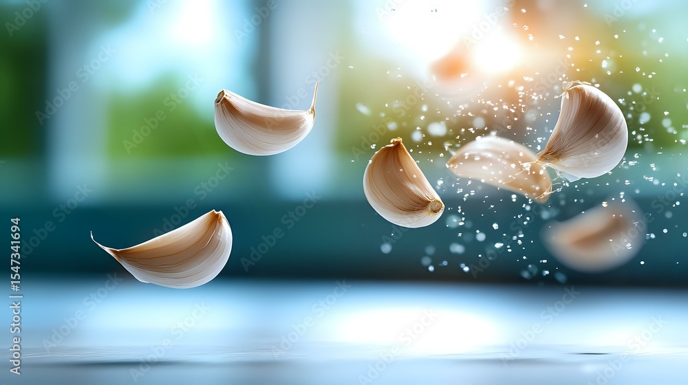Poster floating eggshells with water droplets and splashes against blurred turquoise background create dyna