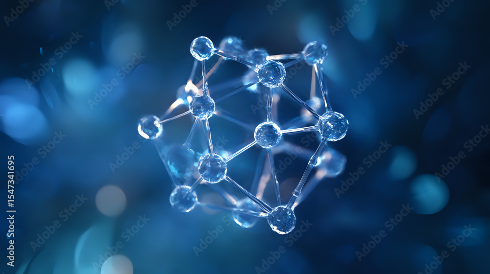 Poster glowing blue molecular structure with connected nodes floating on dark background, scientific visual