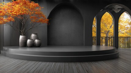 A pedestal in a room is the base for a vase containing two trees