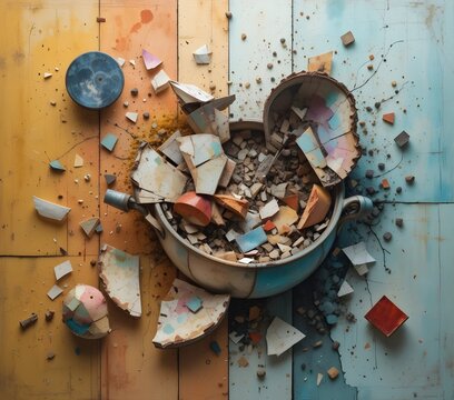 Represent the feeling of nostalgia through a mix of colors, textures, and shapes—warm tones contrasting with cold hues, broken fragments of objects fading away.”

