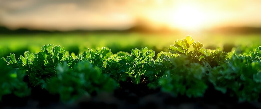 Fresh green curly kale leaves growing in garden field at sunset, organic farming background with golden sunlight and bokeh effect.