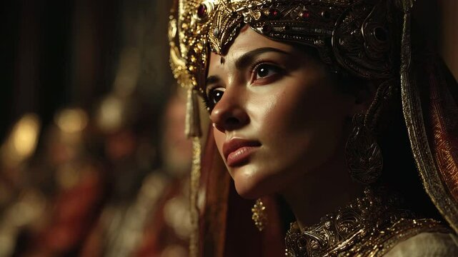 Majestic close-up of Esther, from the book of Esther in the Bible, from the adorned in golden attire and a crown, captured in dramatic lighting, evoking a sense of reverence and grandeur.