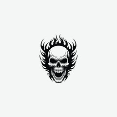 High-impact black and white skull graphic with fierce flames and tattoo-style design. Perfect for intense artwork, tattoos, biker themes, and edgy merchandise.