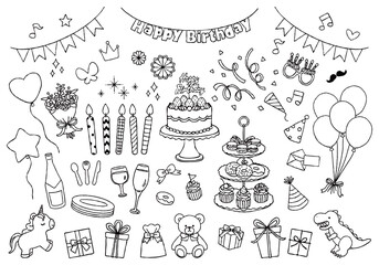 誕生日パーティーイラストセット　手描き白黒線画