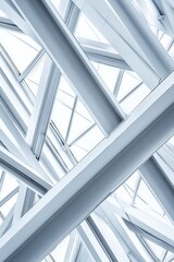 Obraz premium Steel framework interior of modern architecture with geometric lines and natural light creating a bright ambiance for innovative design and construction projects.