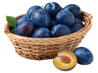 Blue plums in a fruit basket isolated on white background. Suitable for marketing or business purposes. PNG file