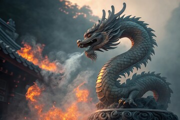 Majestic dragon statue amidst fiery temple scene
