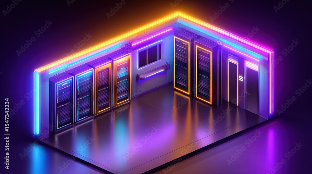 Poster futuristic data center with glowing neon lights and advanced server racks in a sleek environment