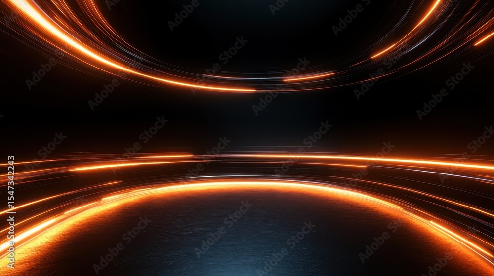 Poster this captivating image features dynamic orange light trails swirling against a dark background, crea
