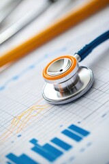 Stethoscope on health charts with graphs and statistics, medical analysis concept, healthcare industry, patient data, health monitoring, professional tools.