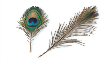 Obraz premium The colorful tail of a peacock is seen from above, set against a plain white background