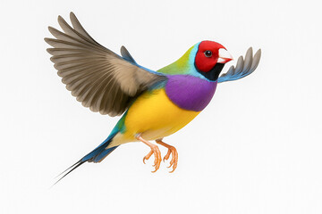 Obraz premium Colorful Gouldian Finch Flying with Open Wings Isolated on Clean White Background.