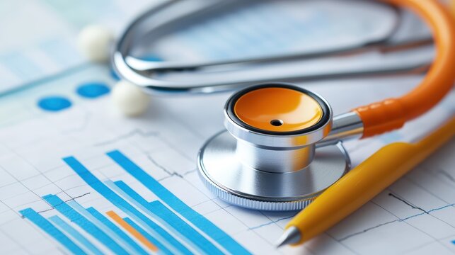 Stethoscope and healthcare documents on desk, medical charts, financial report, orange pen, statistics, patient data, healthcare management, clinical analysis.