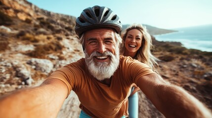 An adventurous and joyful elderly couple smiles as they ride their bicycles along a stunning coastal path, embodying the spirit of freedom and outdoor exploration together.