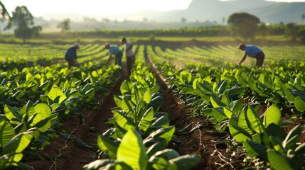 Tobacco field workers at dawn.  Workers tending rows of vibrant green tobacco plants.  Rural landscape, rows of plants, sunlight