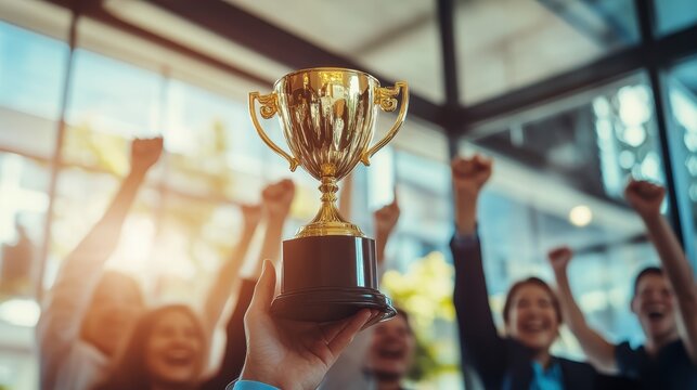 Team celebrating achievement with trophy in modern office, employees cheering for success, teamwork, motivation, business milestones, company culture, joy.