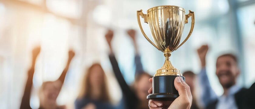 Team celebrating success with trophy in office, motivated employees raising hands in victory, corporate achievement, teamwork, professional achievement, workplace morale.