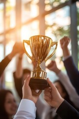 Team celebrating victory with trophy in hand, coworkers cheering for success, winners in office career achievement, corporate teamwork motivation.